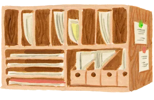 Watercolor illustration of a bookshelf