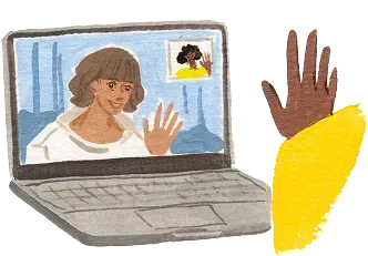 Watercolor illustration of a laptop and a person